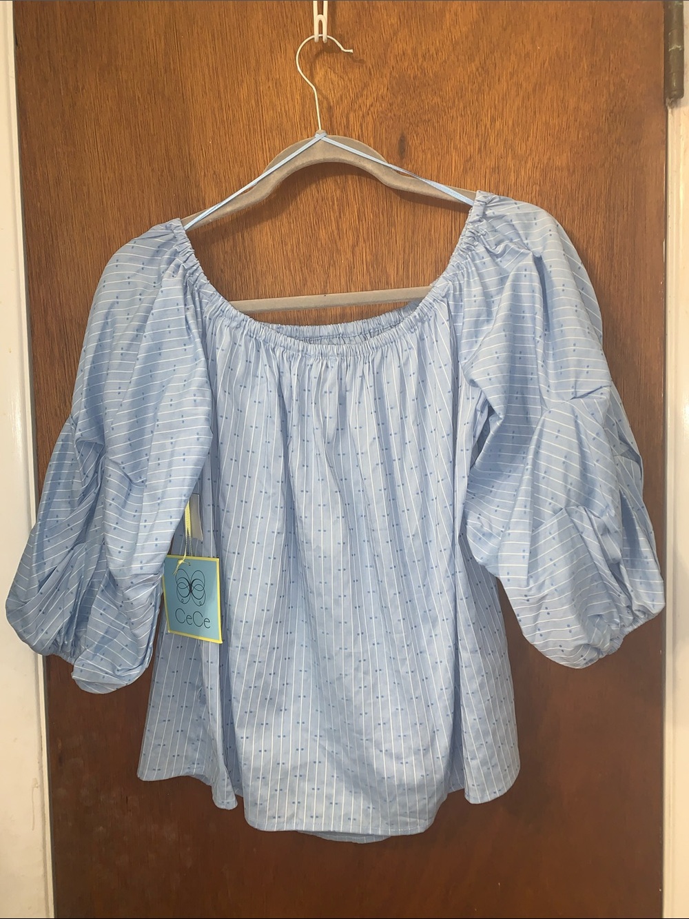 🇺🇸 CECE Blue Off-the-shoulder Balloon-sleeve Blouse NWT M - Picture 12 of 16